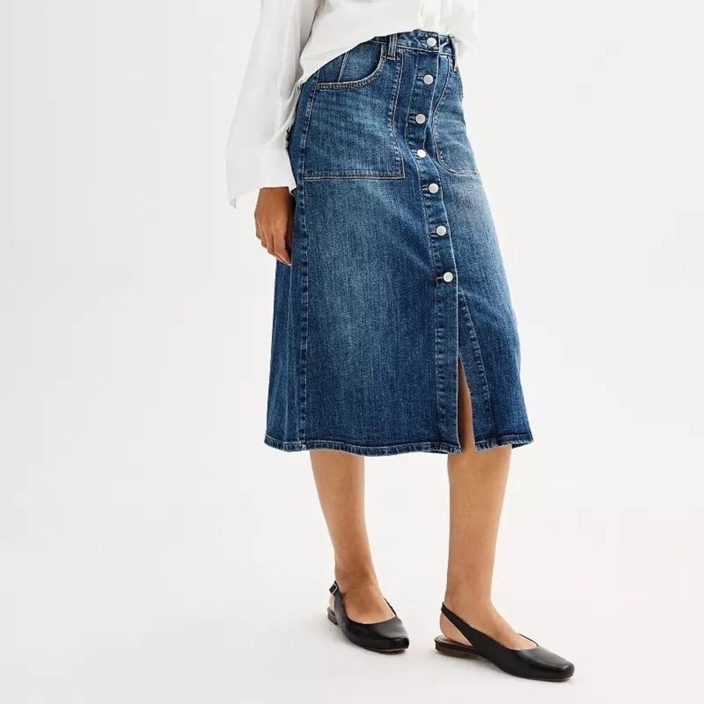 Sonoma A-Line Denim Skirt Womens 4 Blue Medium Wash Button Front NEW